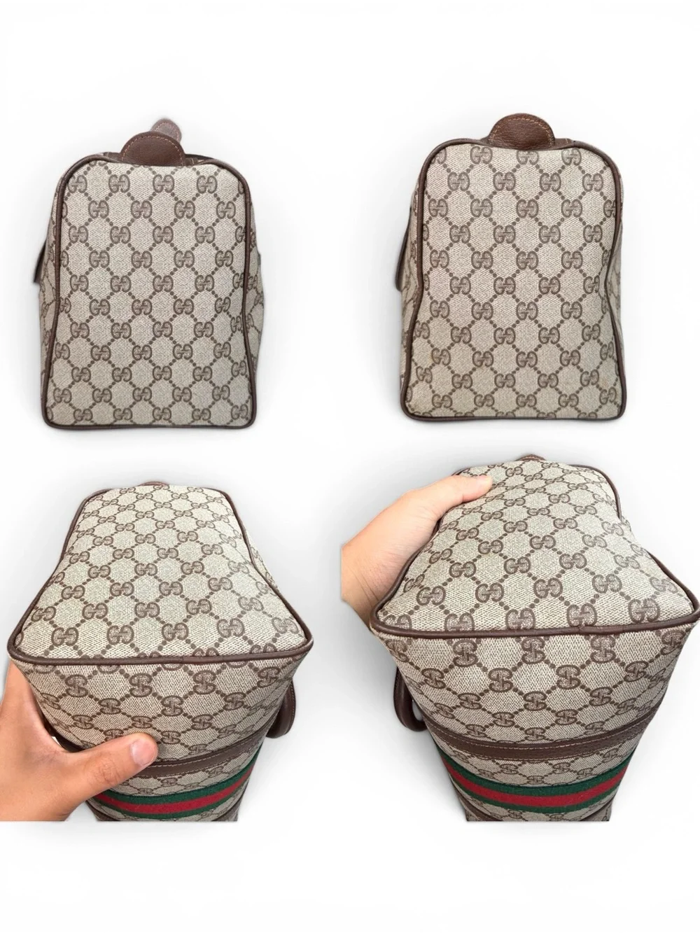 Gucci Beige GG Supreme Canvas Duffel with Brown Leather and Green-Red Web
